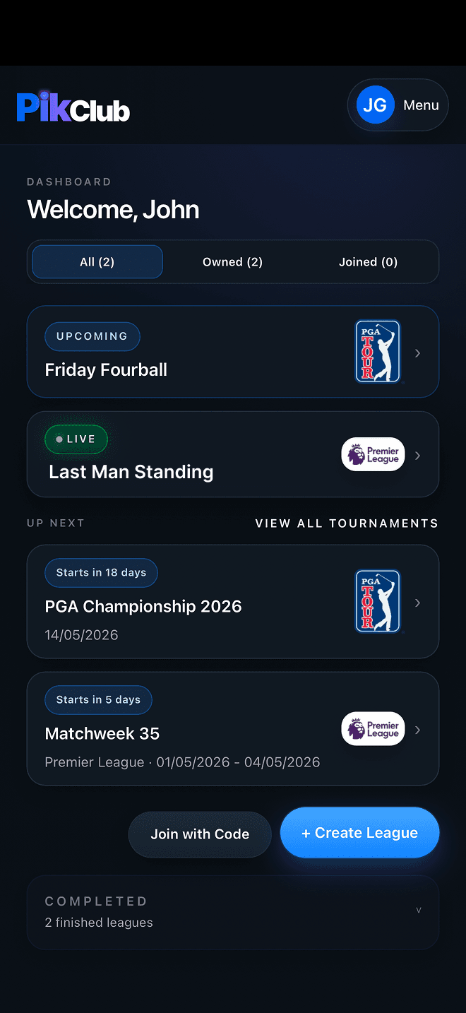 PikClub dashboard showing leagues and upcoming competitions
