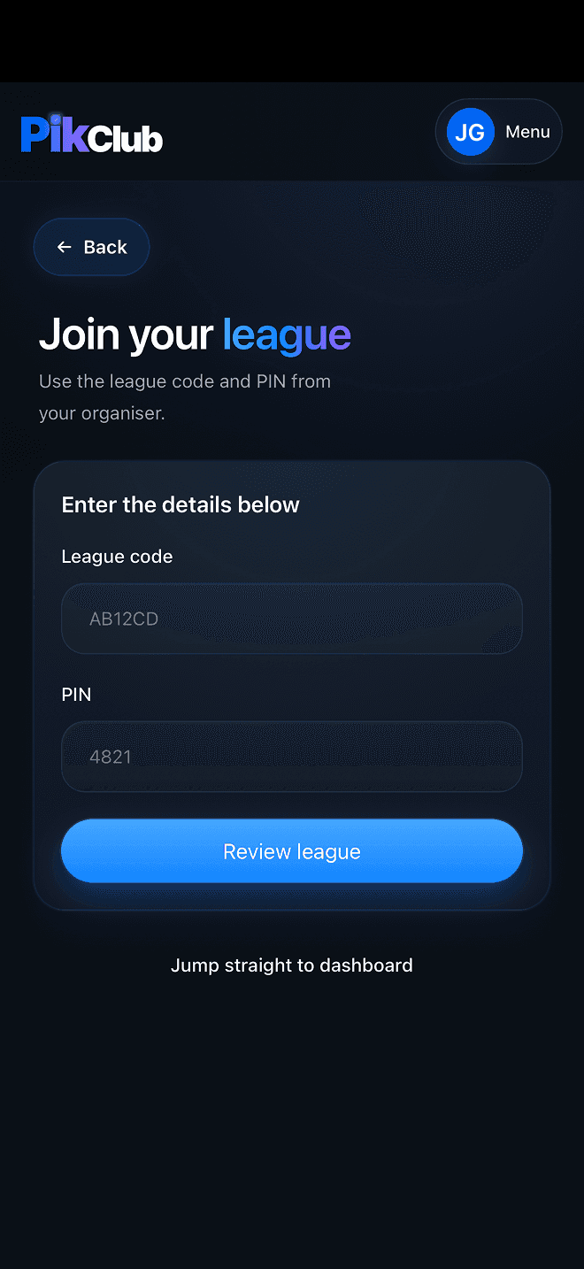 PikClub join league form