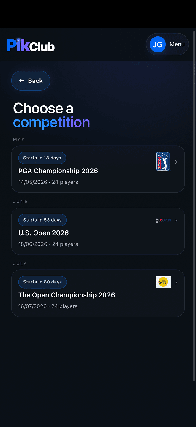 PikClub competition selection screen