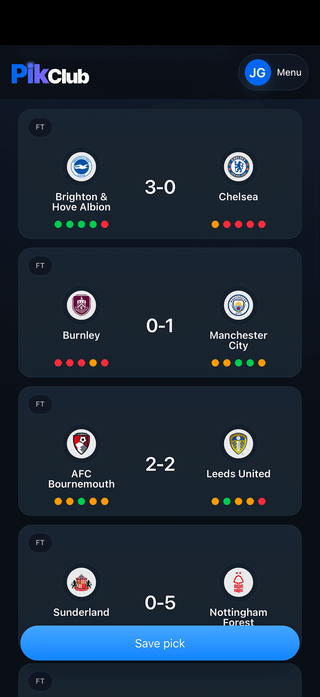 PikClub football pick screen showing match results and save pick action