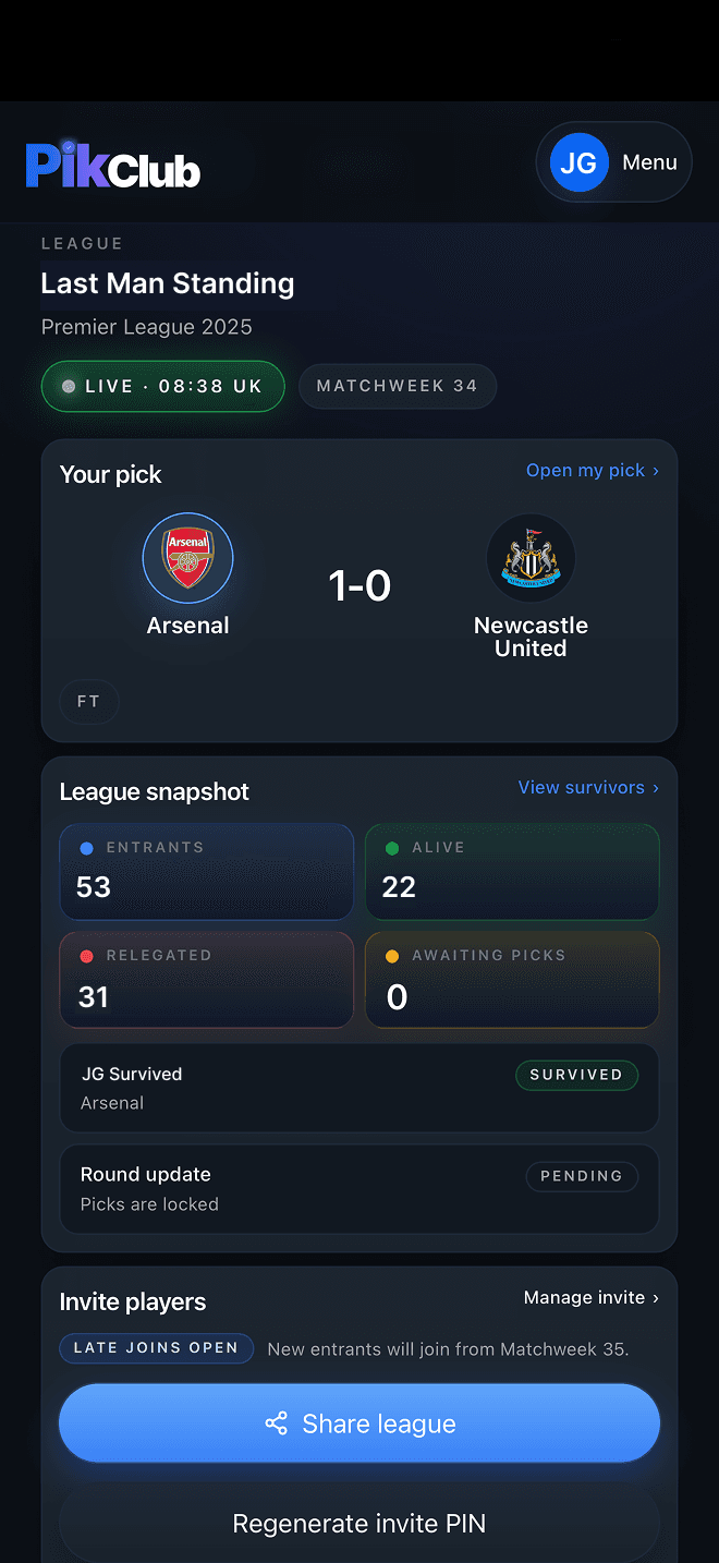 PikClub Last Man Standing league overview