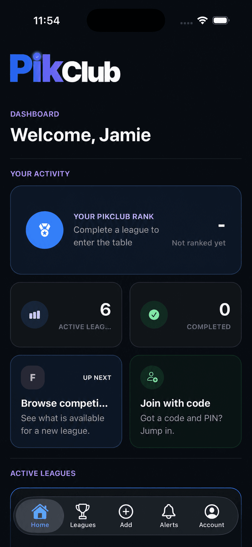 PikClub iOS home screen with the current native tab bar