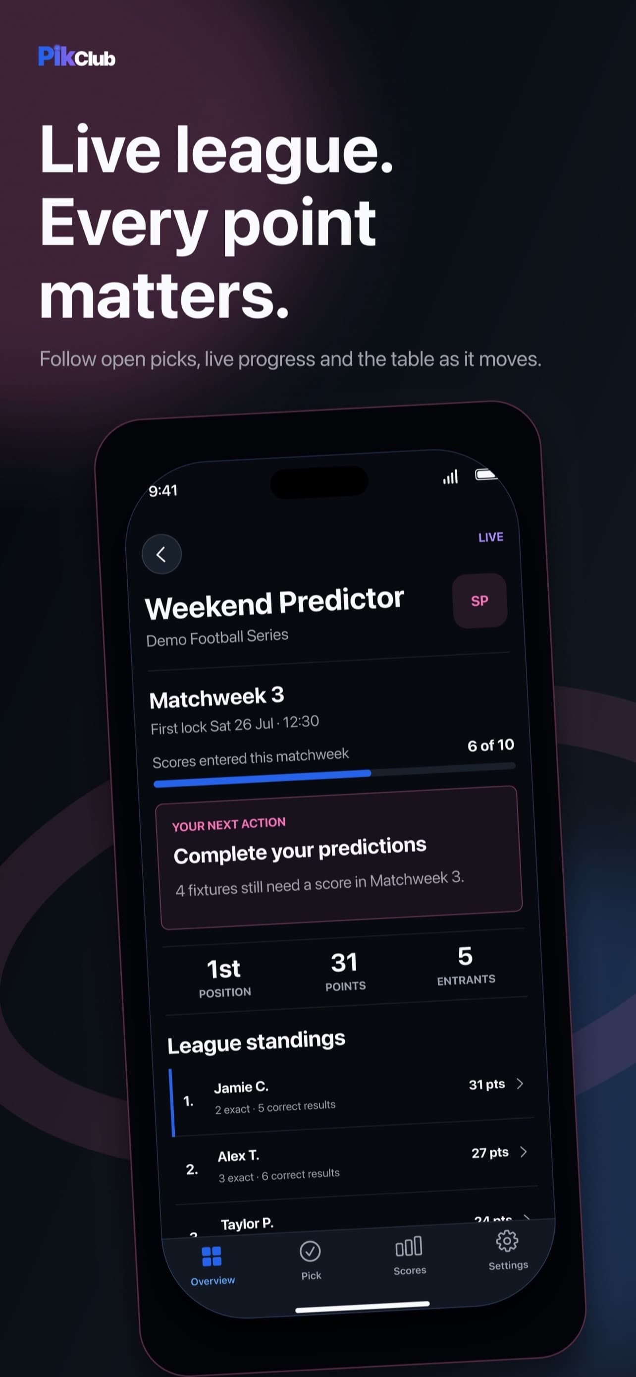 PikClub iPhone screen showing a live football prediction league